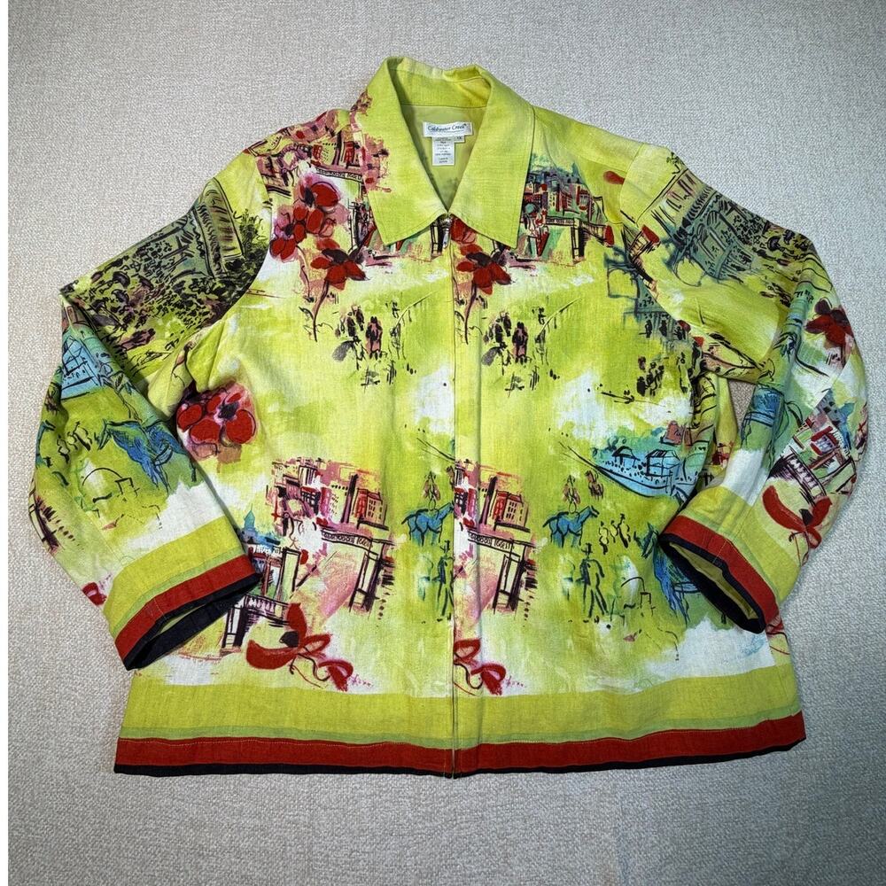 Coldwater Creek Women 1X Yellow Linen Blend Zip Front Artsy Boho Blazer Jacket